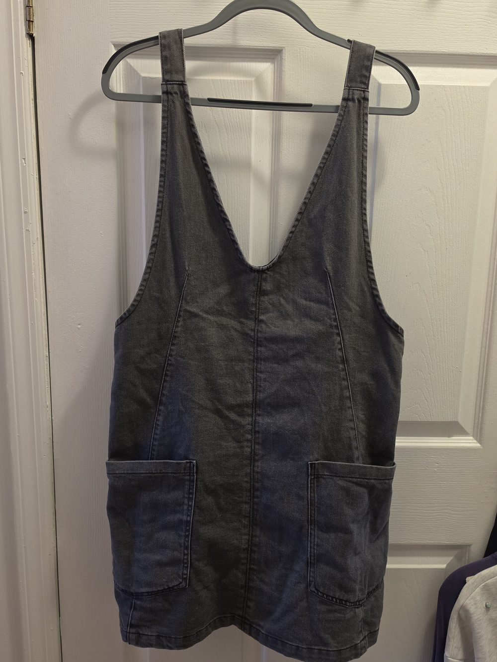Women's Gray Denim Pinafore Dress - Casual Pocket Overall Dress